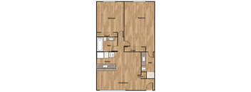 A floor plan of a house with two bedrooms, a living room, a kitchen, and two bathrooms.