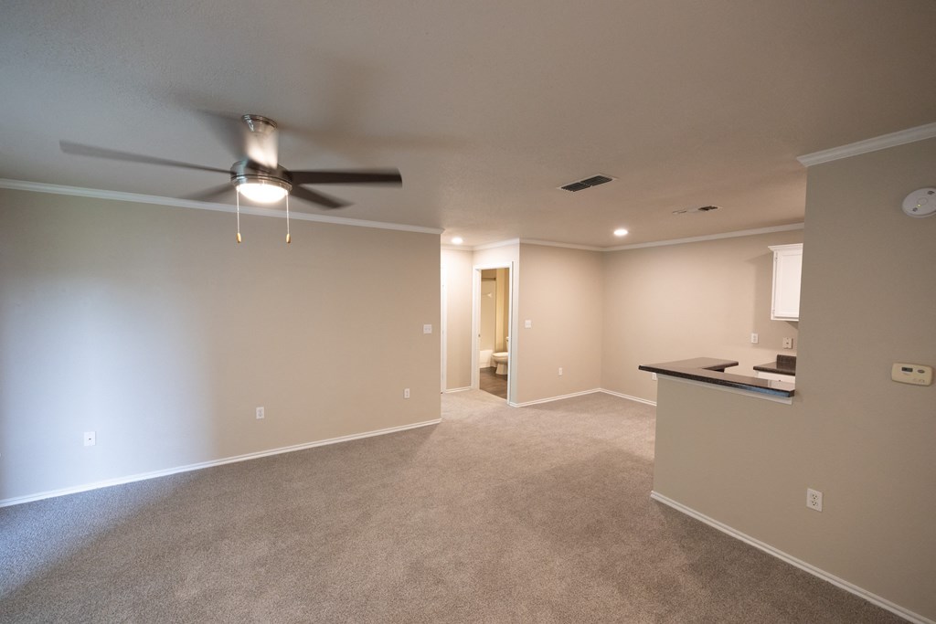 View from front entry of upstairs Tuscany - Chablis with carpet flooring, ceiling fan, view of kitchen bar, and view into bathroom