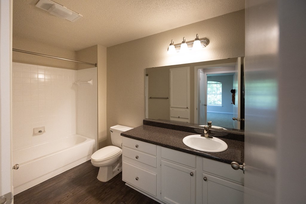 View into guest bathroom with large vanity, counter space, toilet, and tub shower combo. Reflection of guest bedroom and well lit window.