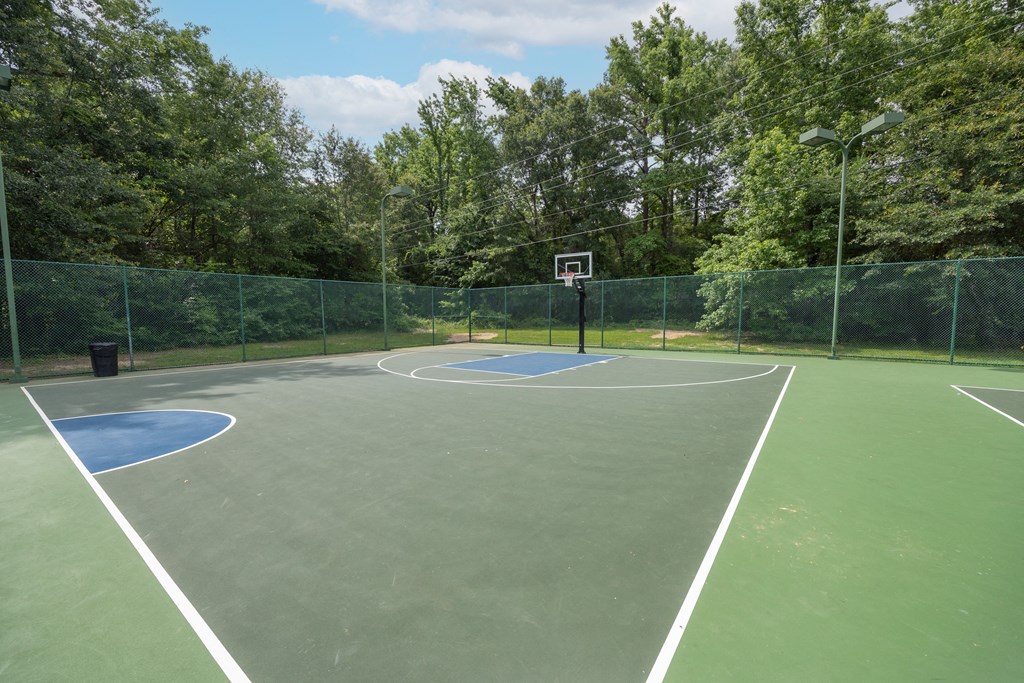 View of basketball court with woods in the background