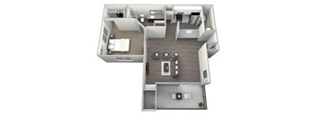 3D rendered art of one bedroom one full bath with walk in closet, private patio/balcony with storage, and washer and dryer. Approximately 862 square feet