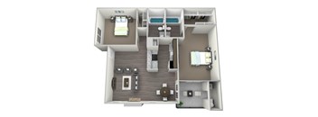 3D rendered drawing of a Two bedroom Two full bathroom floorplan with full kitchen, private patio-balcony, and washer and dryer connections. Approximately 900 square feet.