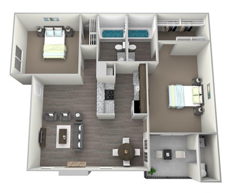 3D rendered drawing of a Two bedroom Two full bathroom floorplan with full kitchen, private patio-balcony, and washer and dryer connections. Approximately 900 square feet.