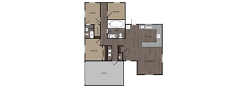 Rendered drawing of three bedroom two full bathroom floor plan with full size kitchen, washer and dryer, and private patio. Approximately 1330 square feet
