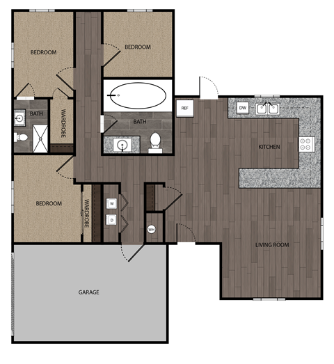 Rendered drawing of three bedroom two full bathroom floor plan with full size kitchen, washer and dryer, and private patio. Approximately 1330 square feet