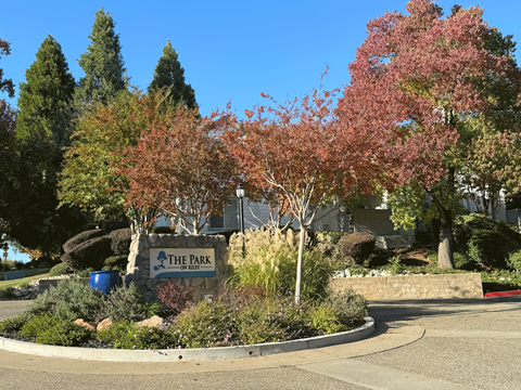 the park at the park sign in front of a building