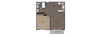 Rendered drawing of one bedroom one full bathroom and kitchen with private patio/balcony. Approximately 669 square feet.