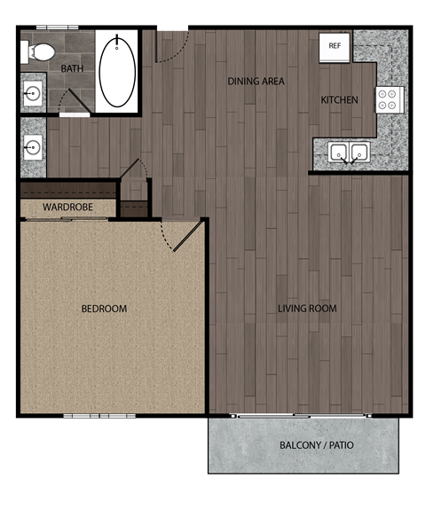 Rendered drawing of one bedroom one full bathroom and kitchen with private patio/balcony. Approximately 669 square feet.