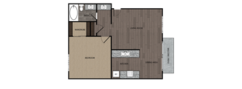 Rendered drawing of one bedroom one full bathroom and kitchen with private patio/balcony. Approximately 613 square feet.