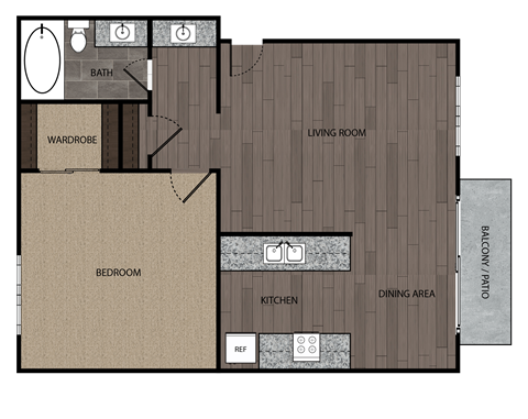 Rendered drawing of one bedroom one full bathroom and kitchen with private patio/balcony. Approximately 613 square feet.