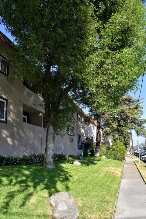 Exterior photo of building close to the sidewalk
