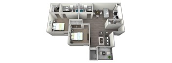 3D rendered art of two bedroom two full bath with walk in closet, private patio/balcony with storage, and washer and dryer. Approximately 1066 square feet