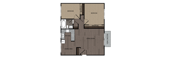 Rendered drawing of two bedroom one full bathroom and kitchen floorplan with private patio/balcony. Approximately 872 square feet
