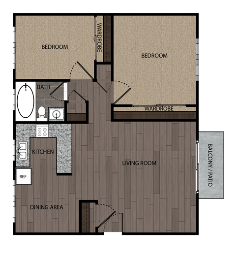 Rendered drawing of two bedroom one full bathroom and kitchen floorplan with private patio/balcony. Approximately 872 square feet
