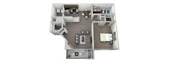One Bedroom one  full bathroom and kitchen with extra closet space in living room, gas fireplace, washer and dryer included, and private balcony/ patio rendered 3D drawing.