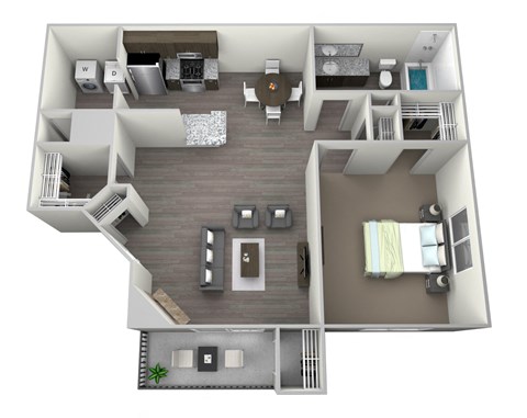 One Bedroom one  full bathroom and kitchen with extra closet space in living room, gas fireplace, washer and dryer included, and private balcony/ patio rendered 3D drawing.