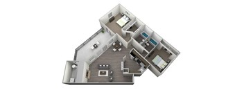3D rendered drawing of a Two bedroom Two full bathroom floorplan with full kitchen, private patio-balcony, and washer and dryer connections. Approximately 990 square feet.