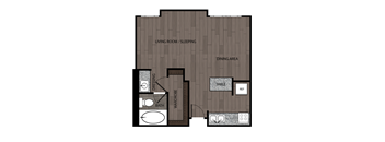 Studio apartment featuring a full kitchen and bathroom approximately 440 square feet, Floorplan is an artist rendering and all dimensions are approximate, Actual units vary in dimension and detail. Not all features are available in every unit. Prices and availability are subject to change without notice. Please call a representative for details