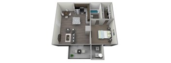 3D rendered drawing of a one bedroom one full bathroom floorplan with full kitchen, private patio-balcony, and washer and dryer connections. Approximately 550 square feet.