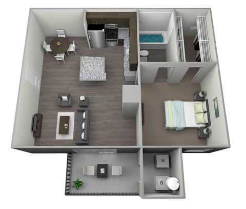 3D rendered drawing of a one bedroom one full bathroom floorplan with full kitchen, private patio-balcony, and washer and dryer connections. Approximately 550 square feet.