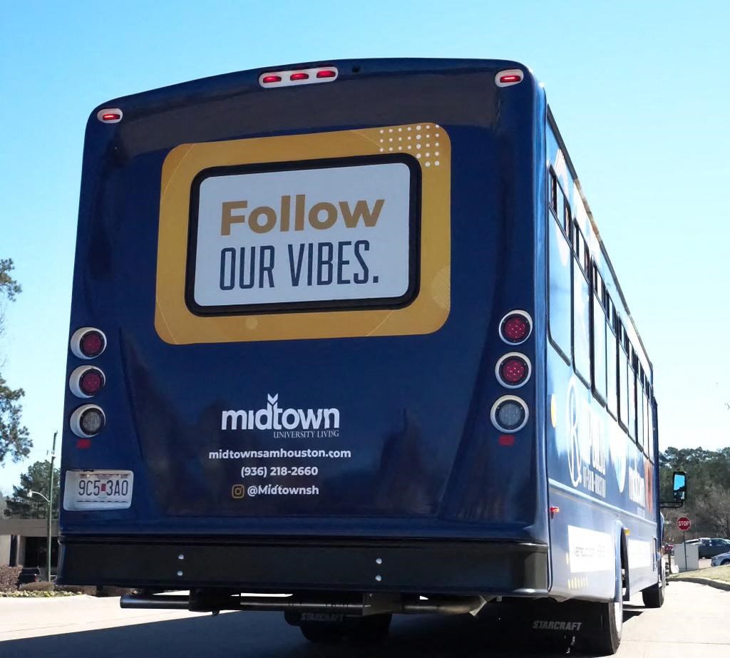 The back of a bus at Midtown Sam Houston Apartments, Huntsville, TX, 77340