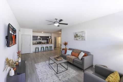 A living room with a grey couch and a coffee table.