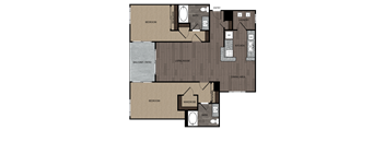 rendered drawing of two bedroom two full bathroom and kitchen with private patio/balcony. Approximately 1400 square feet