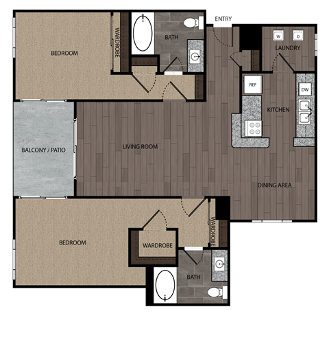 rendered drawing of two bedroom two full bathroom and kitchen with private patio/balcony. Approximately 1400 square feet