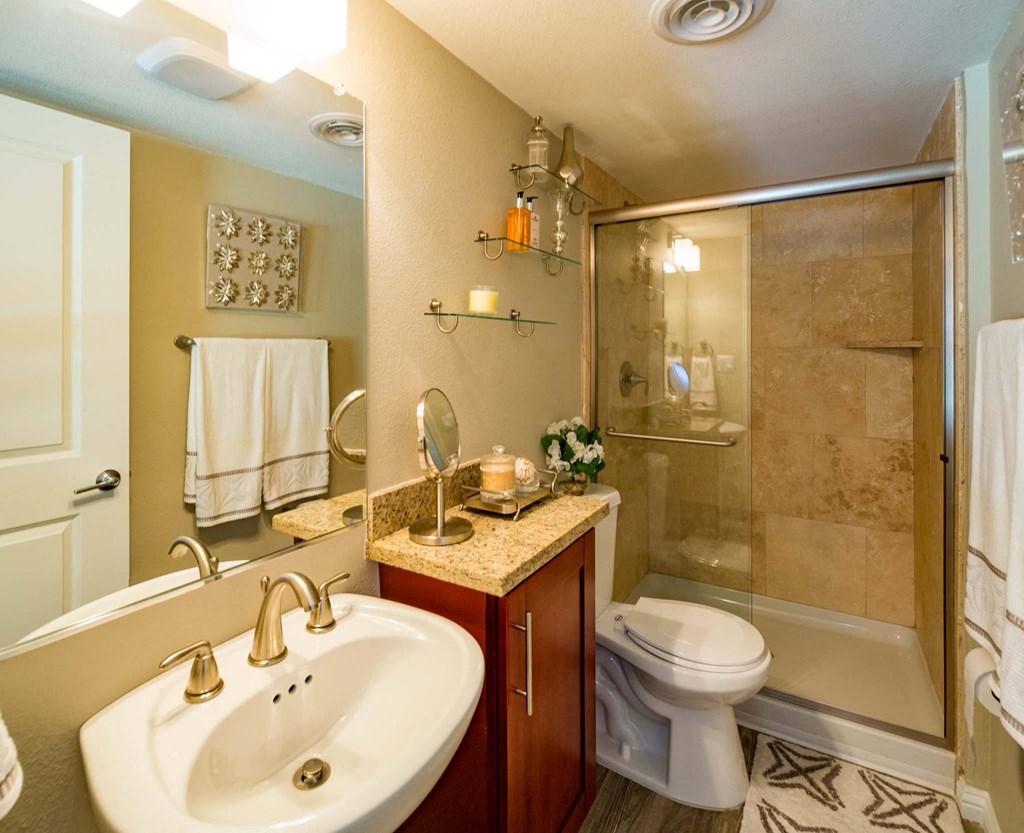 a bathroom with a sink toilet and a shower