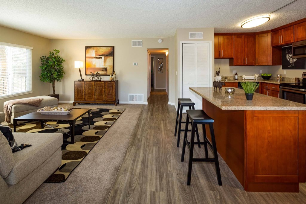 a living room with a kitchen and a couch