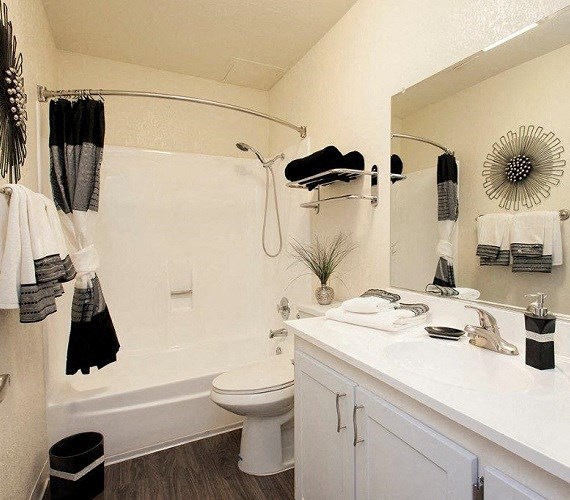 View of bathroom with tub shower combo, wood look flooring, large vanity, tub shower combo, toilet, and large mirror, well decorated