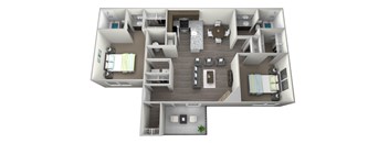 Two bedroom two full bathroom, full kitchen open to living area, large inside storage closet at front entry, private patio/balcony, gas fireplace, washer and dryer included in a 3D rendered drawing