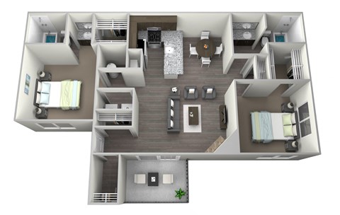 Two bedroom two full bathroom, full kitchen open to living area, large inside storage closet at front entry, private patio/balcony, gas fireplace, washer and dryer included in a 3D rendered drawing
