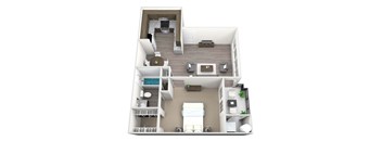 3D rendered drawing of one bedroom one full bathroom and kitchen floorplan with private patio/balcony. Approximately 700 square feet.