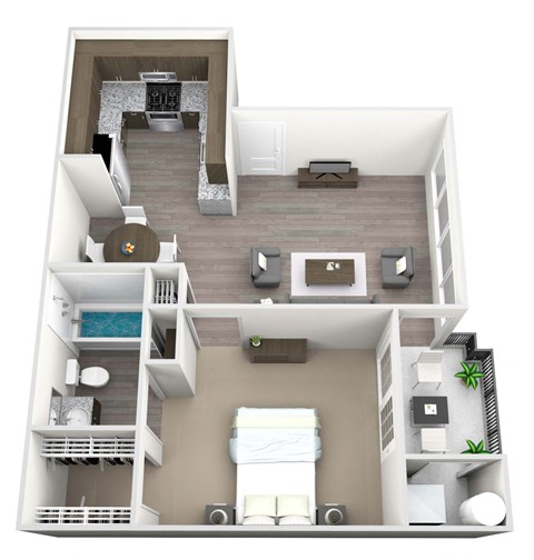 3D rendered drawing of one bedroom one full bathroom and kitchen floorplan with private patio/balcony. Approximately 700 square feet.