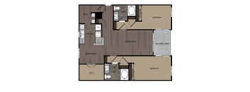 rendered drawing of two bedroom two full bathroom and kitchen with private patio/balcony. Approximately 1508 square feet