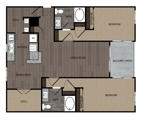 rendered drawing of two bedroom two full bathroom and kitchen with private patio/balcony. Approximately 1508 square feet