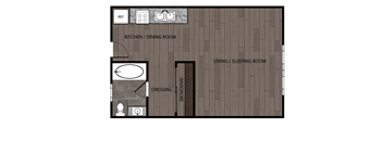 Rendered drawing of studio and one full bathroom and kitchen. Approximately 422 square feet.