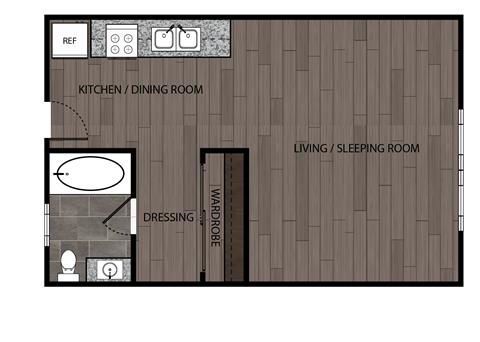 Rendered drawing of studio and one full bathroom and kitchen. Approximately 422 square feet.