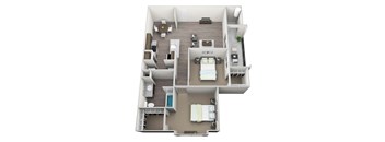 3D rendered drawing of two bedroom one full bathroom and kitchen floor plan with private patio/balcony with outside storage. Approximately 1035 square feet.