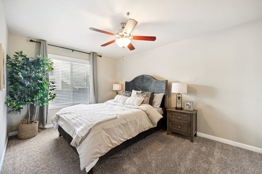 a bedroom with a ceiling fan and a bed