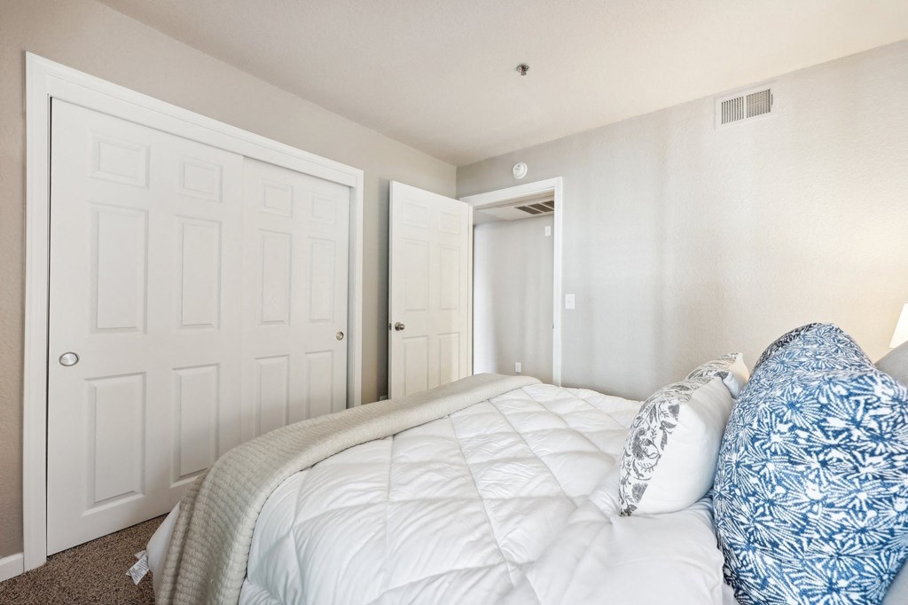 a bedroom with a large bed and a closet