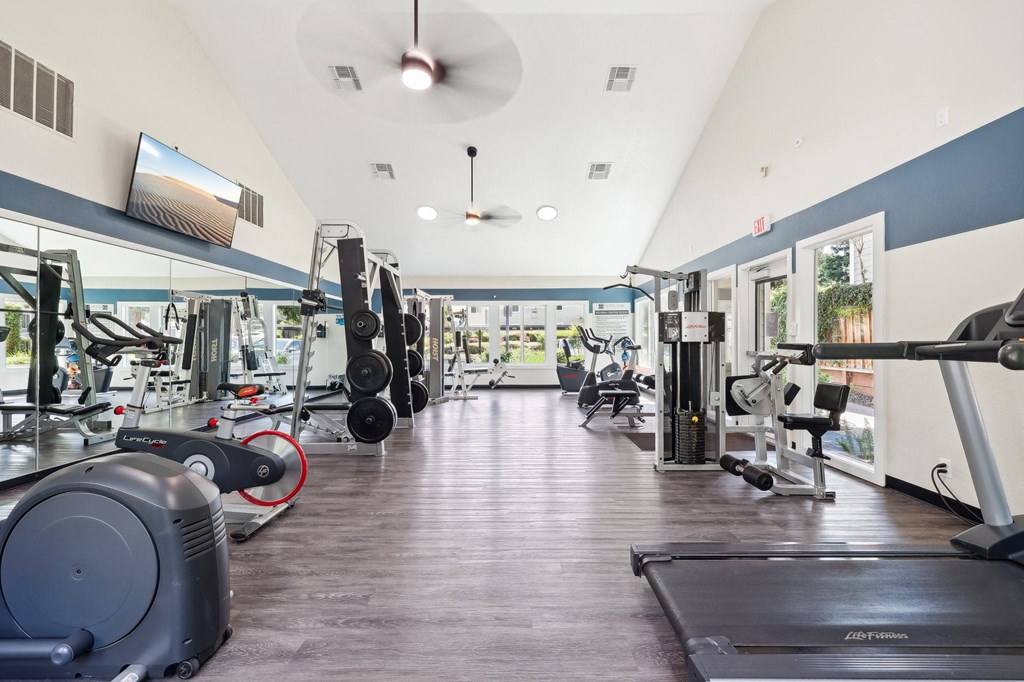 a gym with weights and cardio machines and a ceiling fan