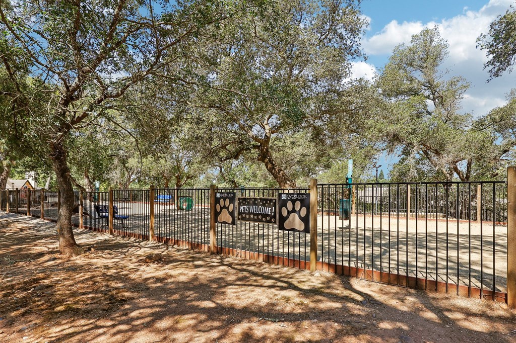 a park with trees and a fence with signs on it