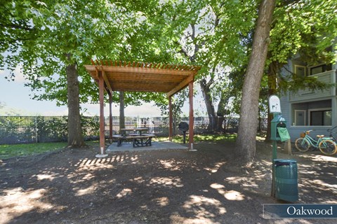 a picnic pavilion in a park with trees