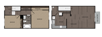 Rendered drawing of two bedroom one full bathroom and kitchen town house floorplan with private patio/balcony. Approximately 972 square feet
