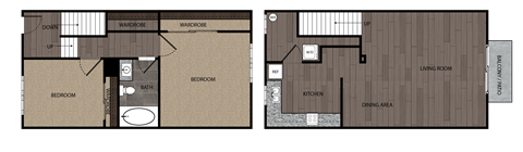 Rendered drawing of two bedroom one full bathroom and kitchen town house floorplan with private patio/balcony. Approximately 972 square feet