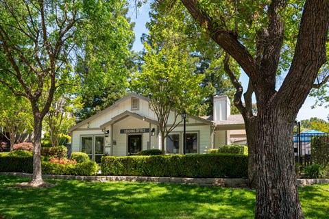 A tree in front of a house with the words "Lee's Cove" on the front.