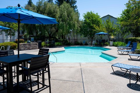 A pool area with chairs and umbrellas.