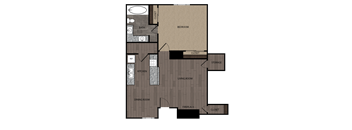 Rendered drawing of one bedroom one full bathroom and kitchen. Approximately 744 square feet.